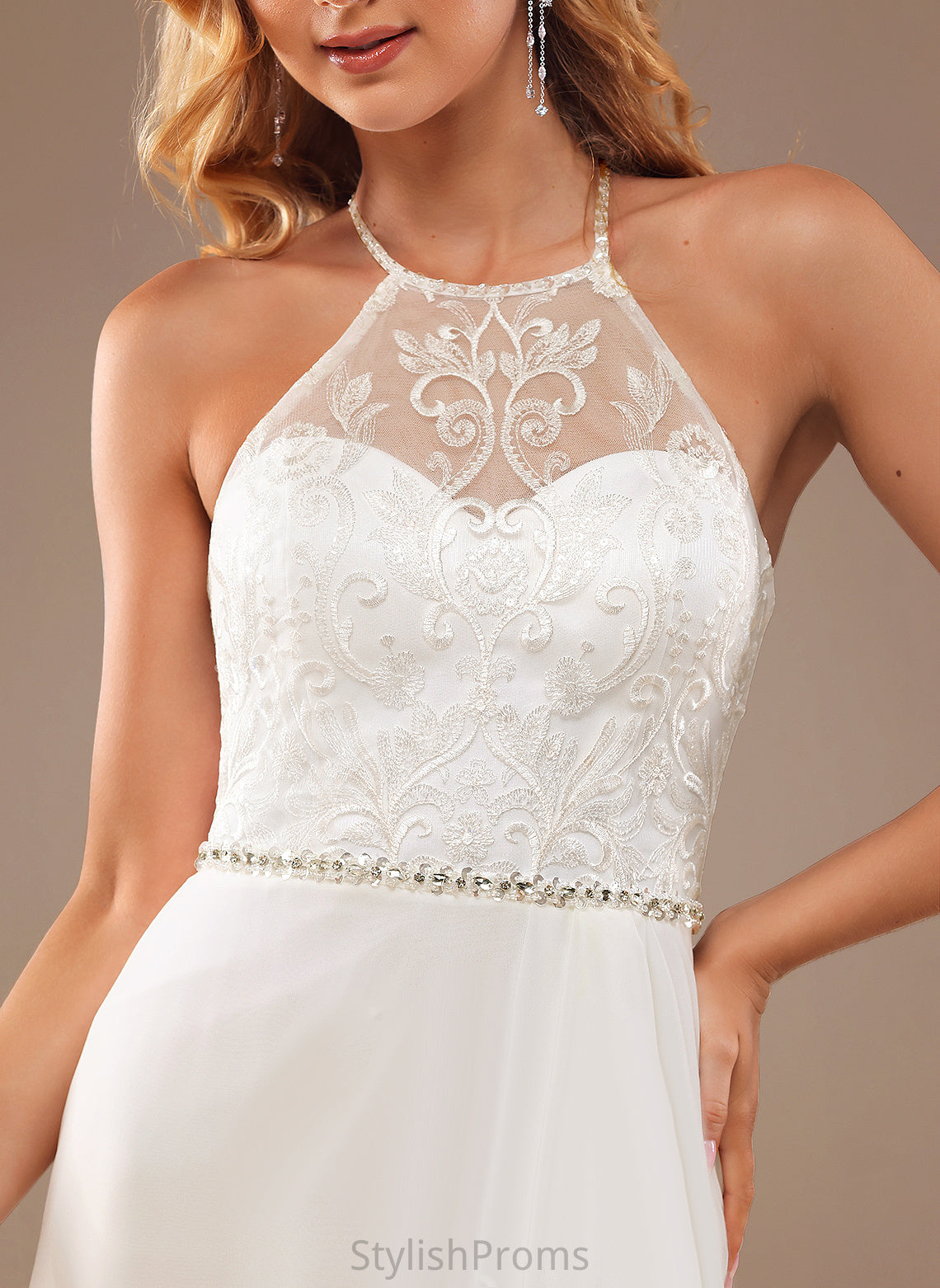 Wedding Chiffon Dress With Beading A-Line Kierra Train Sequins Neck Lace High Sweep Lace Wedding Dresses