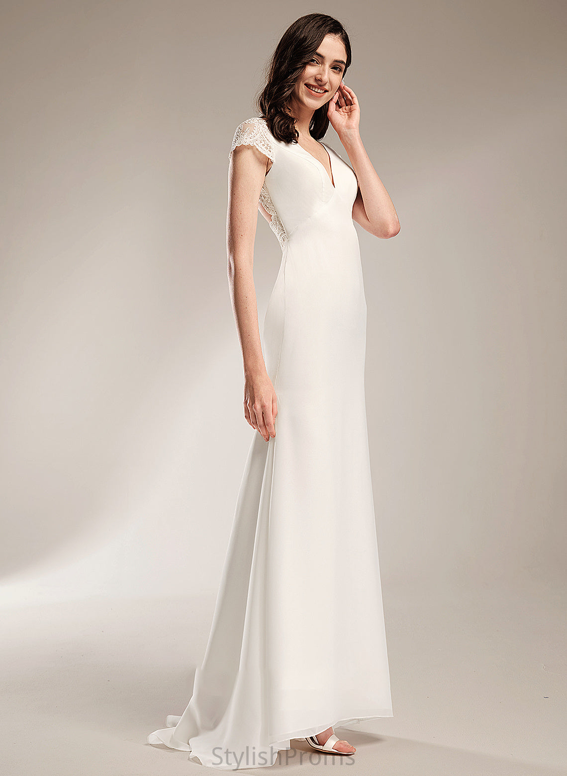 V-neck Wedding Wedding Dresses Train Dress Sheath/Column Joslyn Sweep Lace With