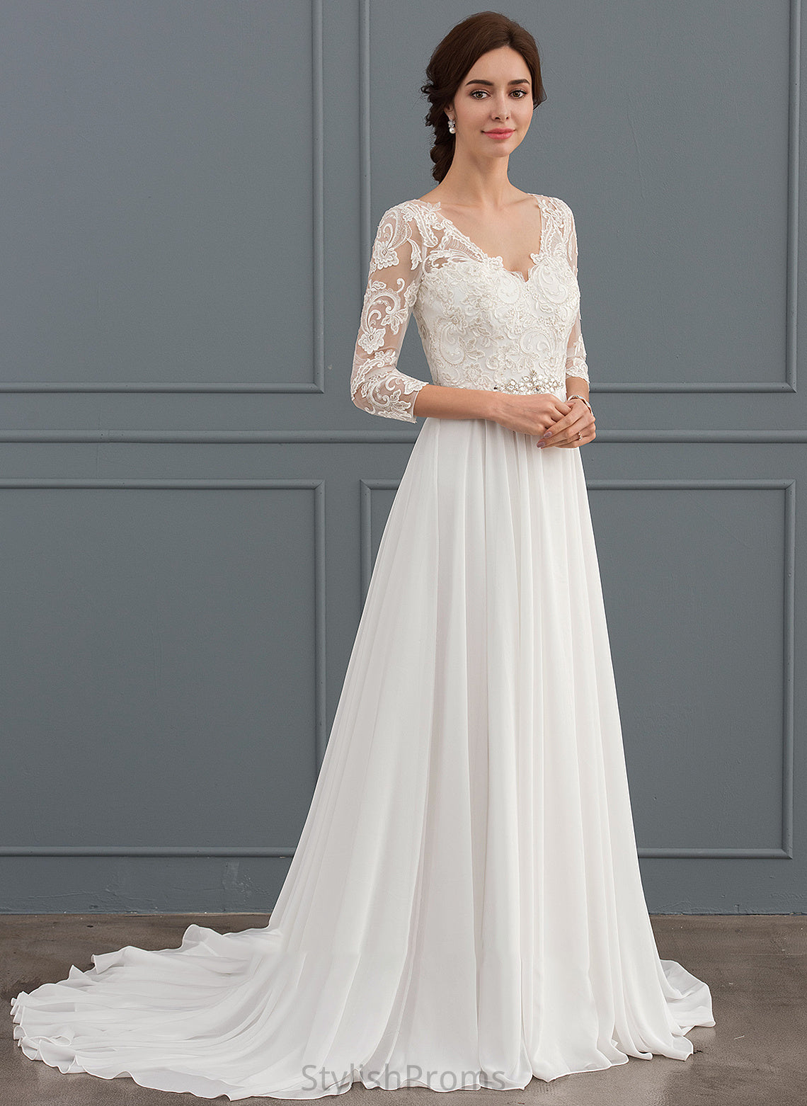 With Lilian V-neck Sequins Beading Wedding Dresses Chiffon Dress A-Line Wedding Train Lace Sweep