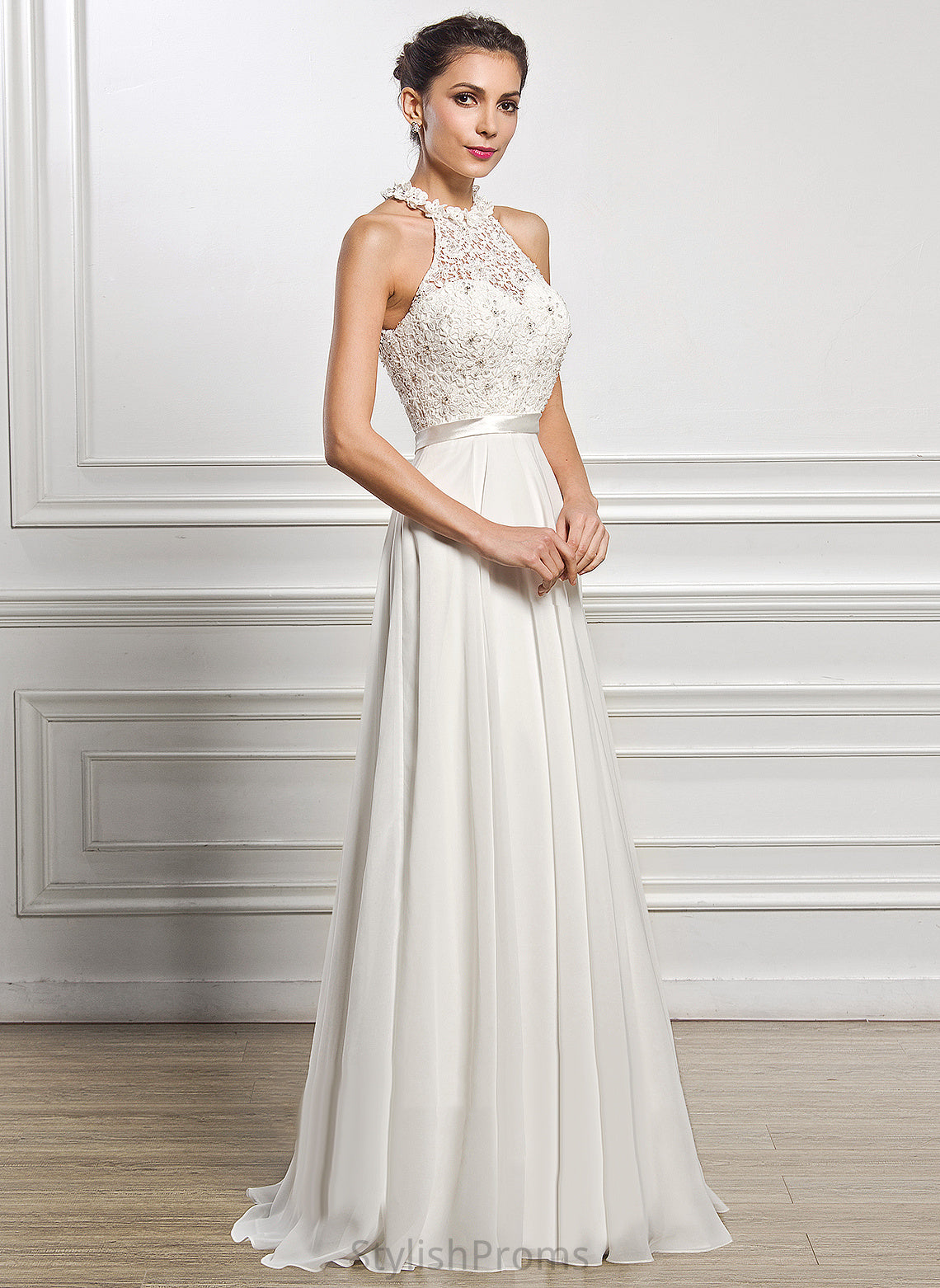 A-Line Floor-Length Chiffon Wedding Dresses Scoop Sequins Dress With Wedding Lace Piper Beading Neck