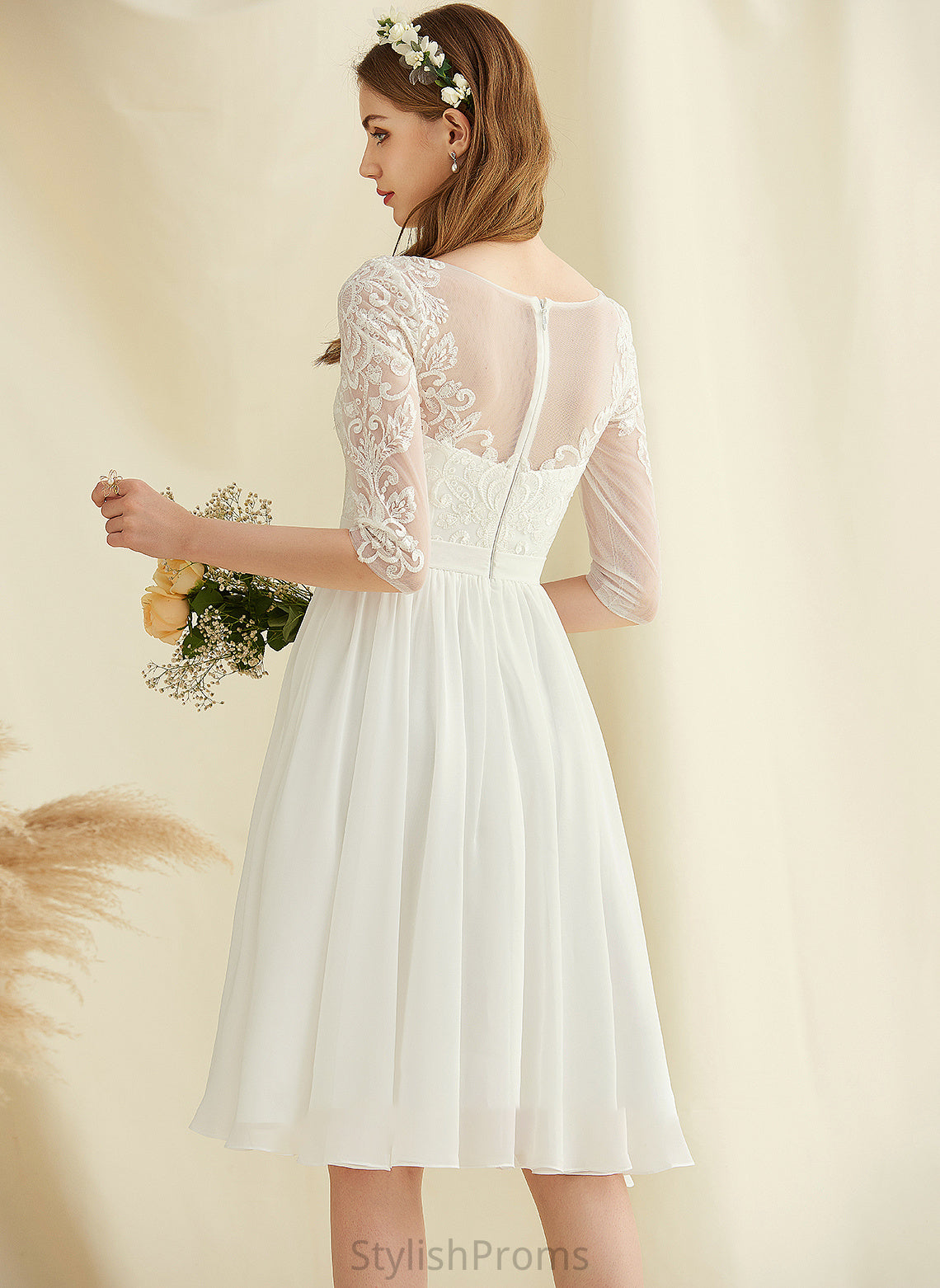 Estrella Sequins Dress Chiffon Wedding Dresses A-Line With Knee-Length Lace Wedding