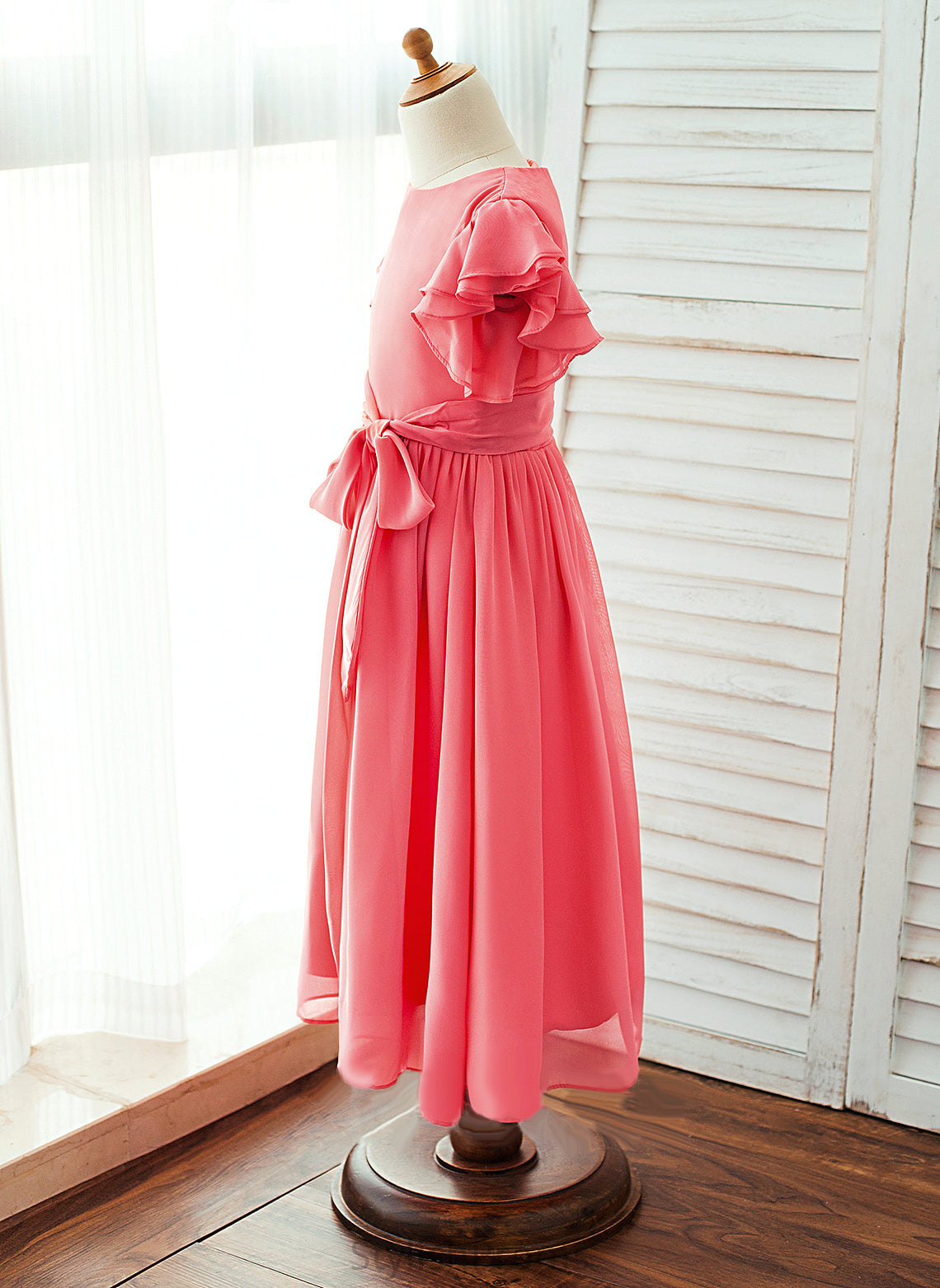 Chiffon Neck Short Girl Dress - Sash Scoop Ankle-length Mariam Flower Girl Dresses Sleeves Flower With A-Line/Princess