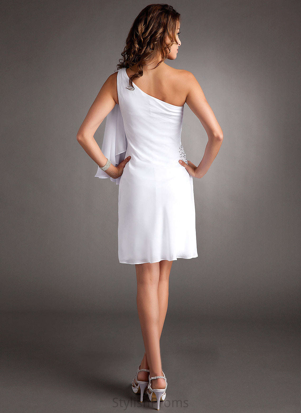 Dress Belinda Chiffon Beading One-Shoulder Cocktail Sheath/Column With Knee-Length Ruffle Cocktail Dresses