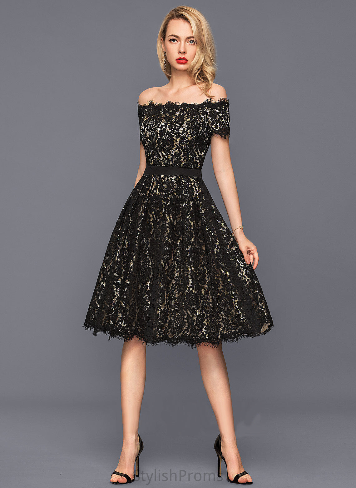 Lace Charmeuse Jadyn Off-the-Shoulder A-Line Dress Cocktail Cocktail Dresses Knee-Length