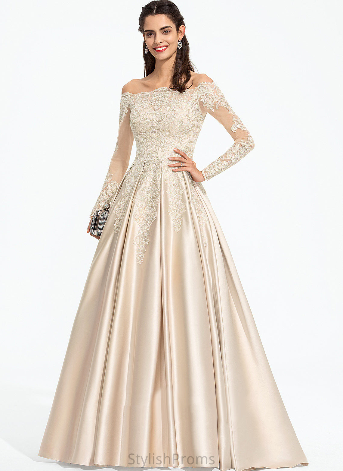 Off-the-Shoulder Sequins Ball-Gown/Princess With Satin Train Lace Prom Dresses Sweep Nancy