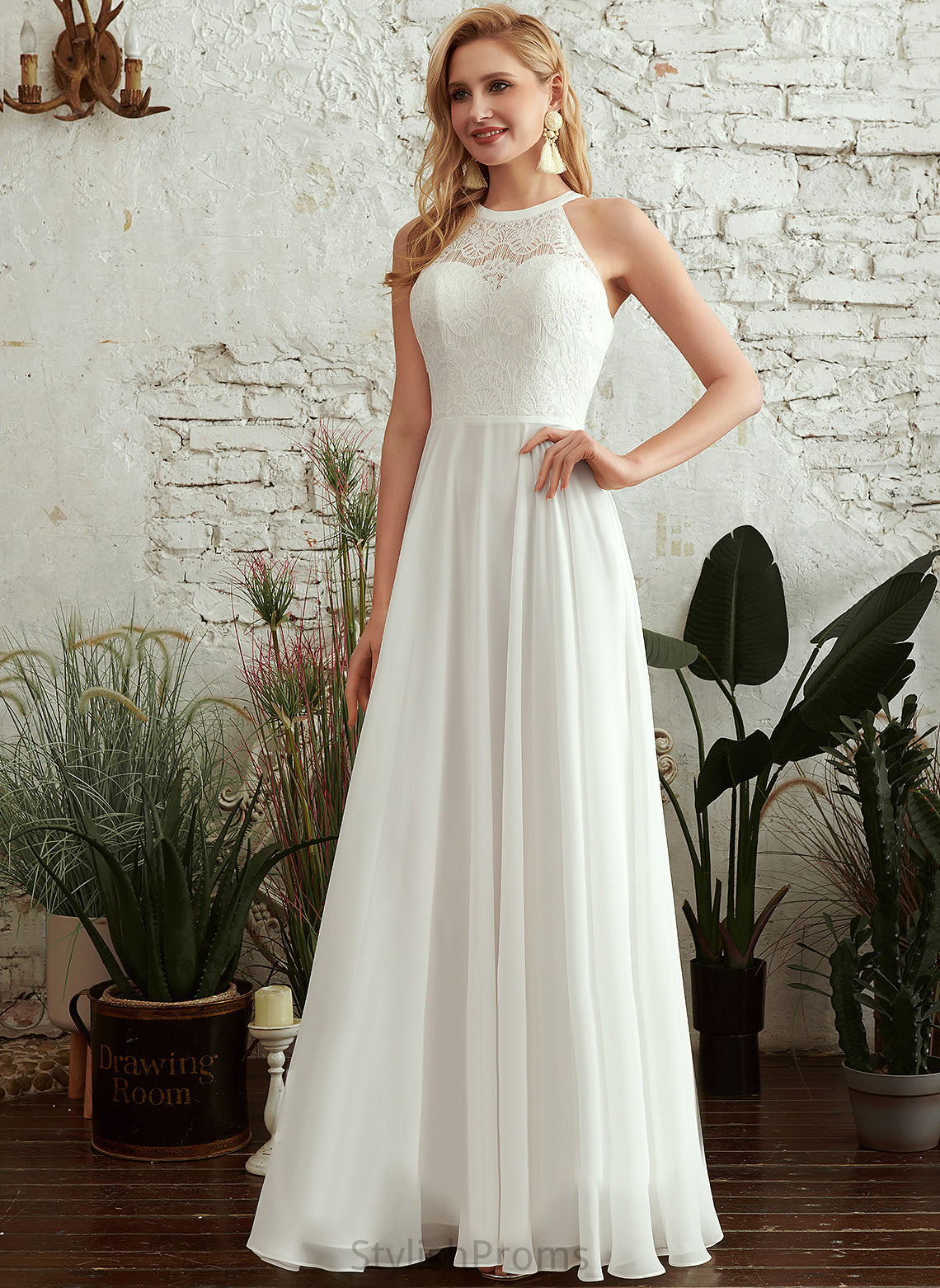 Dress Chiffon Floor-Length Wedding Wedding Dresses Scoop Laney A-Line Lace