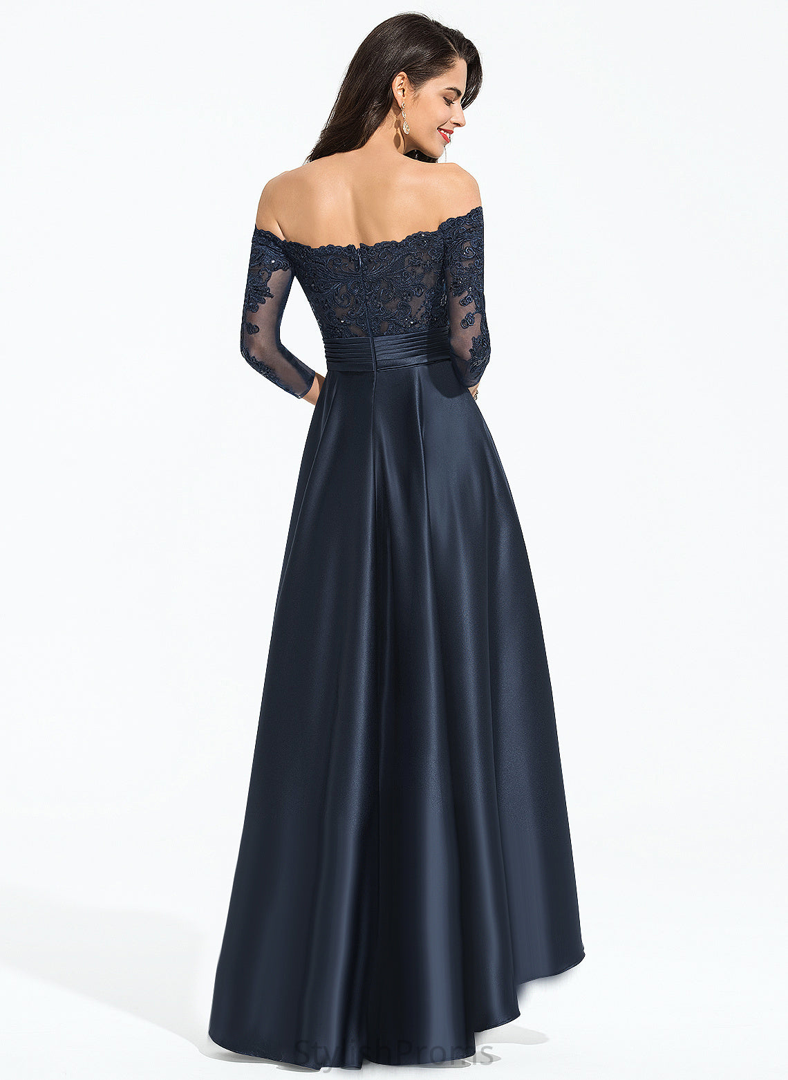 Cassandra With Asymmetrical A-Line Sequins Lace Ruffles Prom Dresses Satin Cascading Off-the-Shoulder