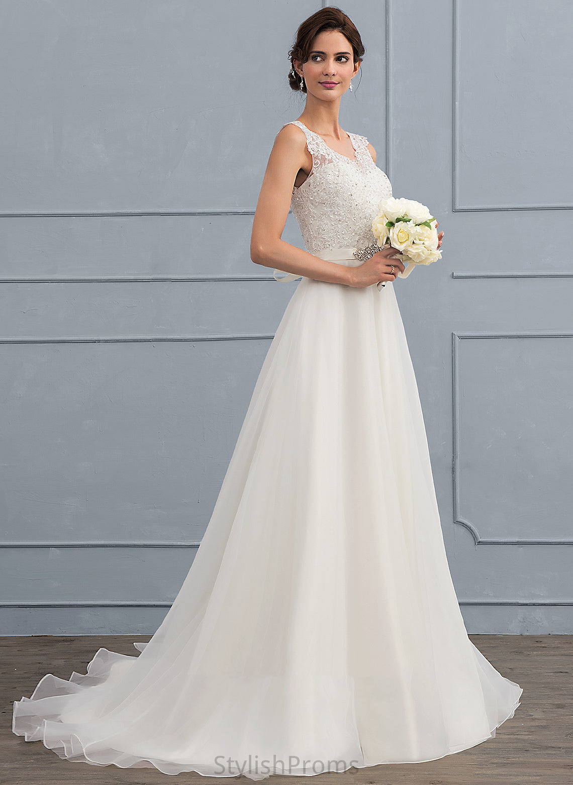 Dress V-neck With Arabella Wedding Lace Beading Organza Train Bow(s) Sweep A-Line Wedding Dresses