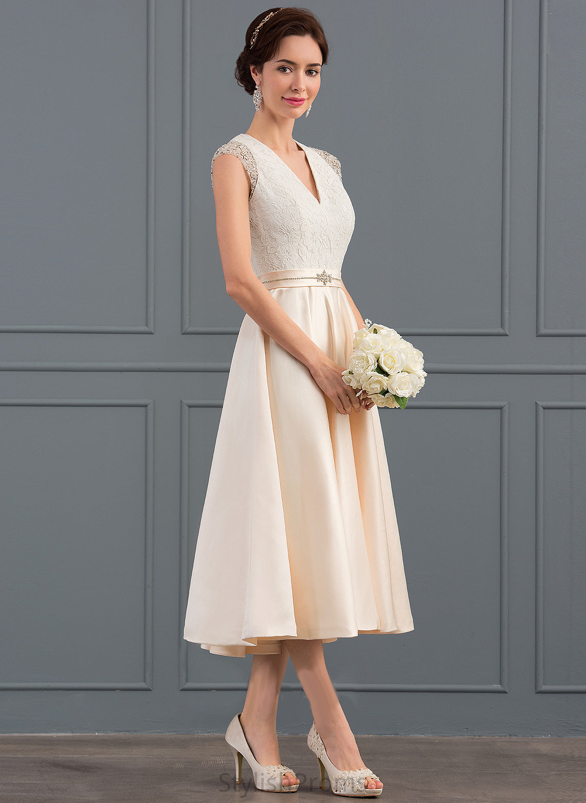 Beading Dress Tea-Length With Wedding Dresses Olympia Satin Lace A-Line V-neck Sequins Wedding