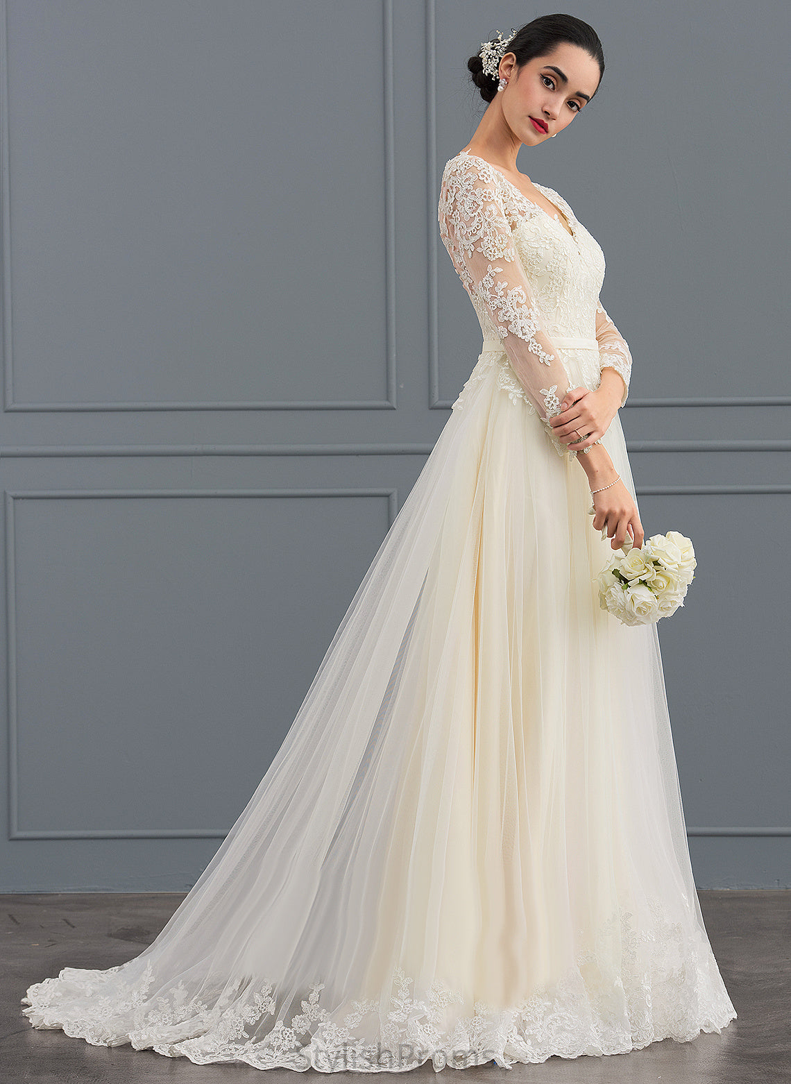 Zoie Train Ball-Gown/Princess Sweep Dress Wedding Lace V-neck Tulle Wedding Dresses