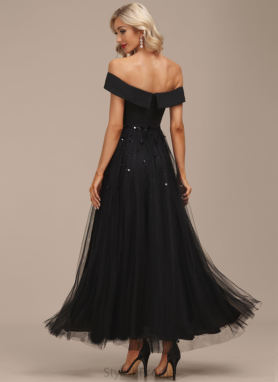 Sequins Cocktail Dresses Off-the-Shoulder A-Line Cocktail With Ankle-Length Dress Chiffon Beading Nathaly Tulle