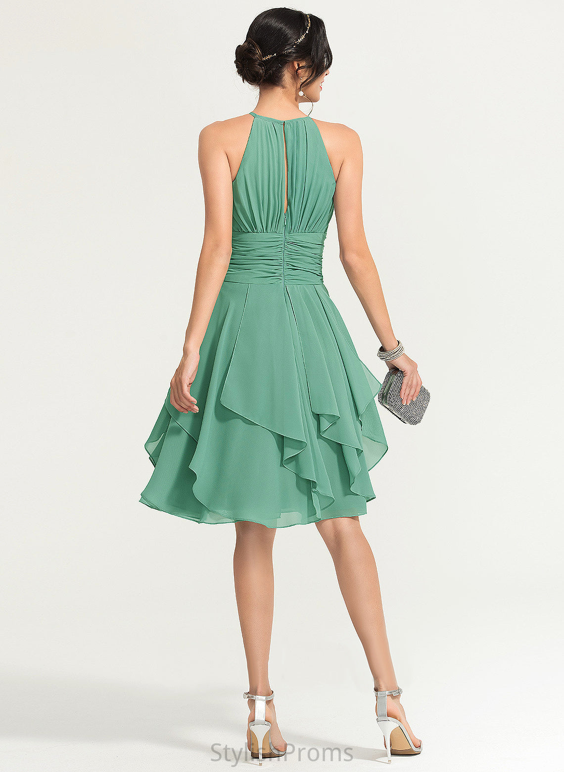 Elisabeth Ruffles Chiffon Scoop Cocktail Dresses Cocktail Neck Ruffle Dress Cascading Knee-Length With A-Line