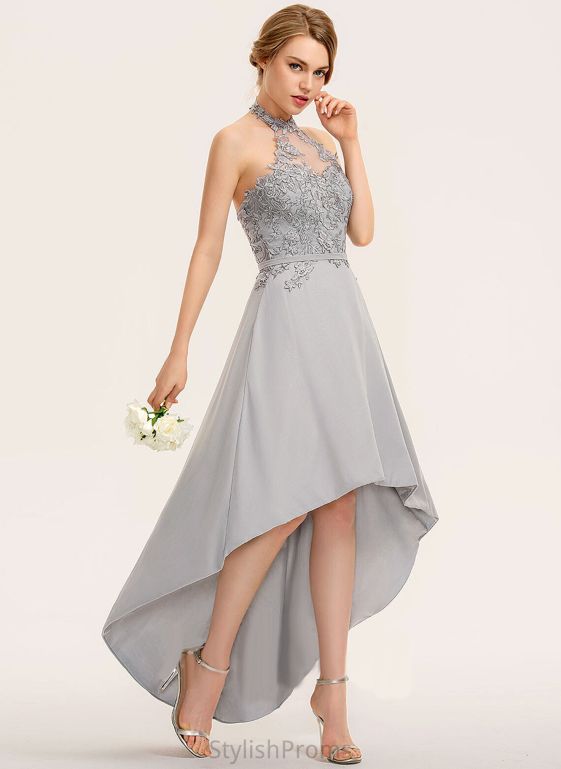 Lace Halter Dress A-Line Joyce Cocktail Asymmetrical Cocktail Dresses Chiffon