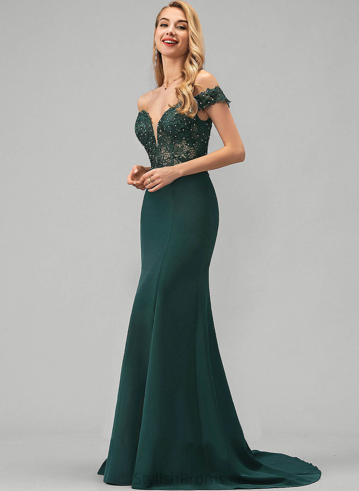 Selena Trumpet/Mermaid Sequins Stretch Off-the-Shoulder Crepe Sweep Prom Dresses Train With Beading