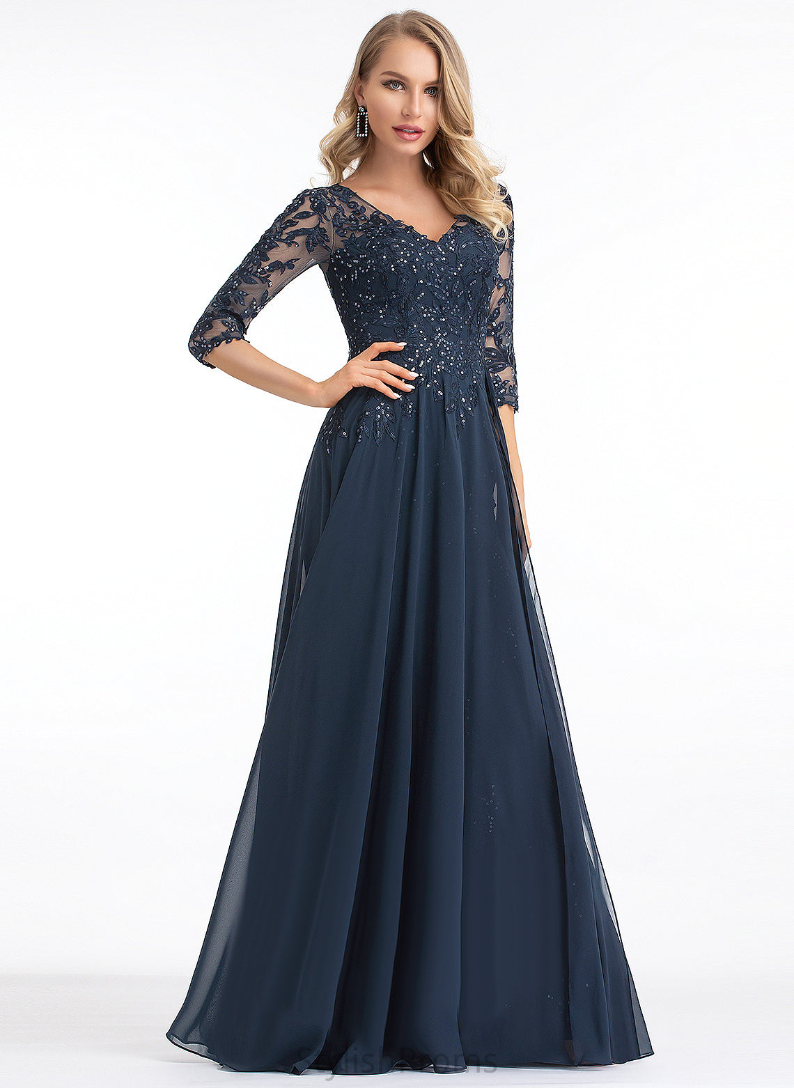 With Sequins Mckinley Floor-Length A-Line Chiffon V-neck Lace Prom Dresses