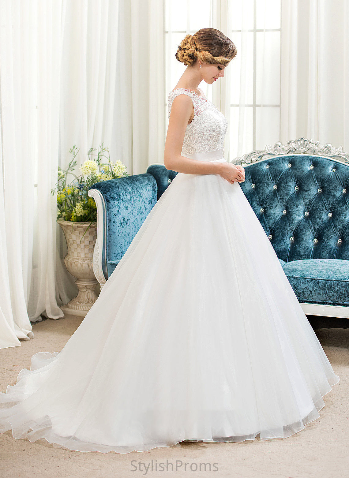 Ball-Gown/Princess Organza Train Lorena Neck Dress Scoop Lace With Sequins Beading Sweep Wedding Wedding Dresses