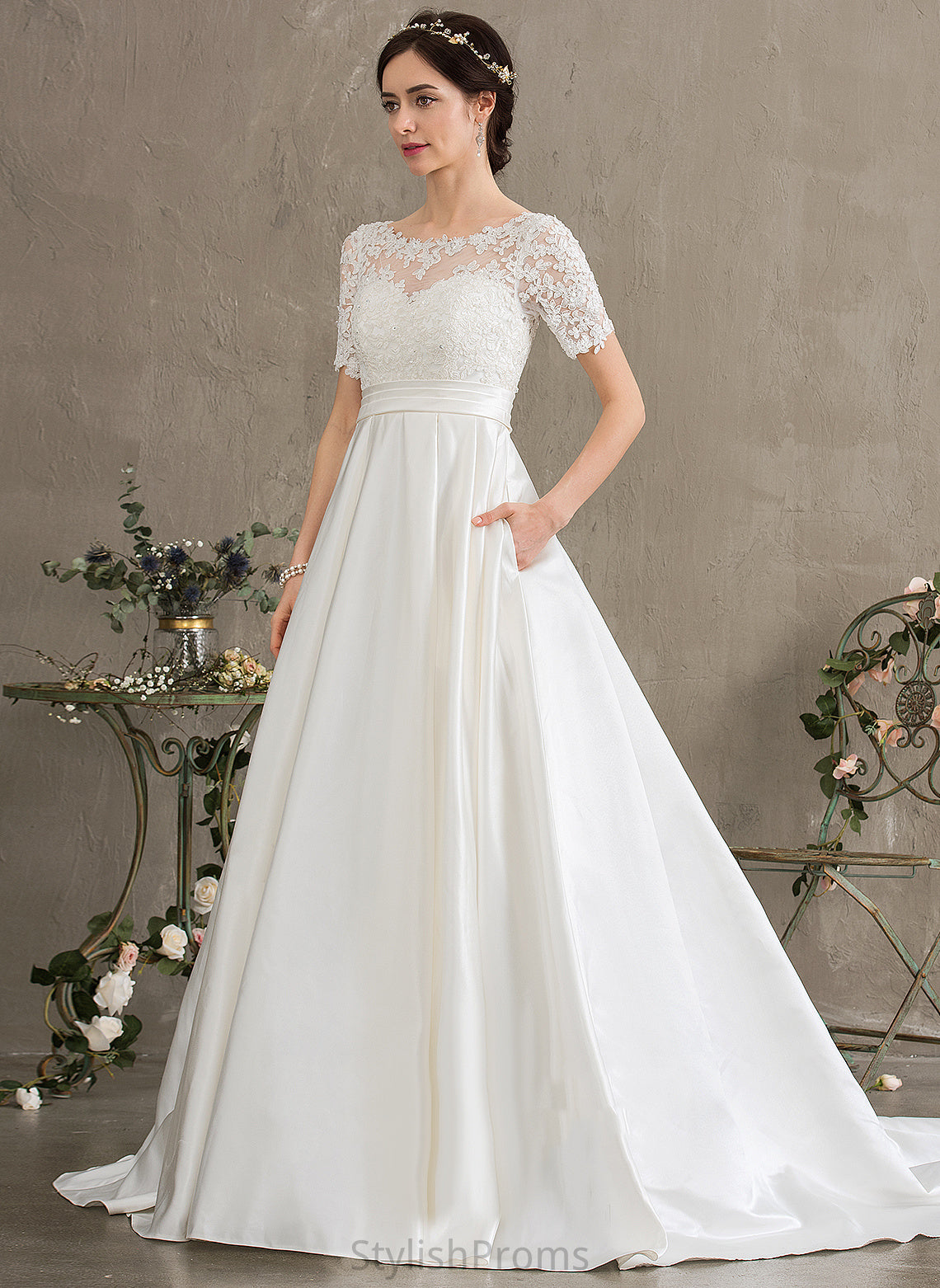 Beading Court Wedding Dresses Kiera Lace Wedding Sequins Train Pockets Satin With Dress Ball-Gown/Princess