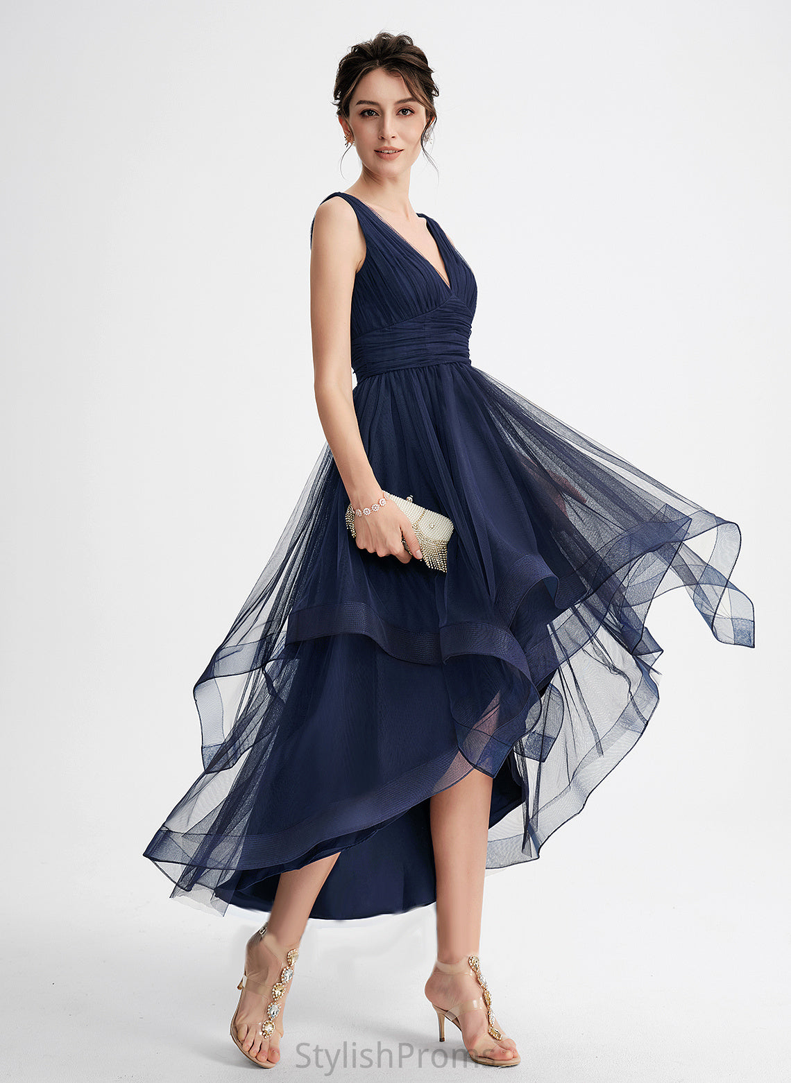 With Cocktail Dresses Meredith Tulle Cocktail Dress Cascading A-Line V-neck Pleated Ruffles Asymmetrical