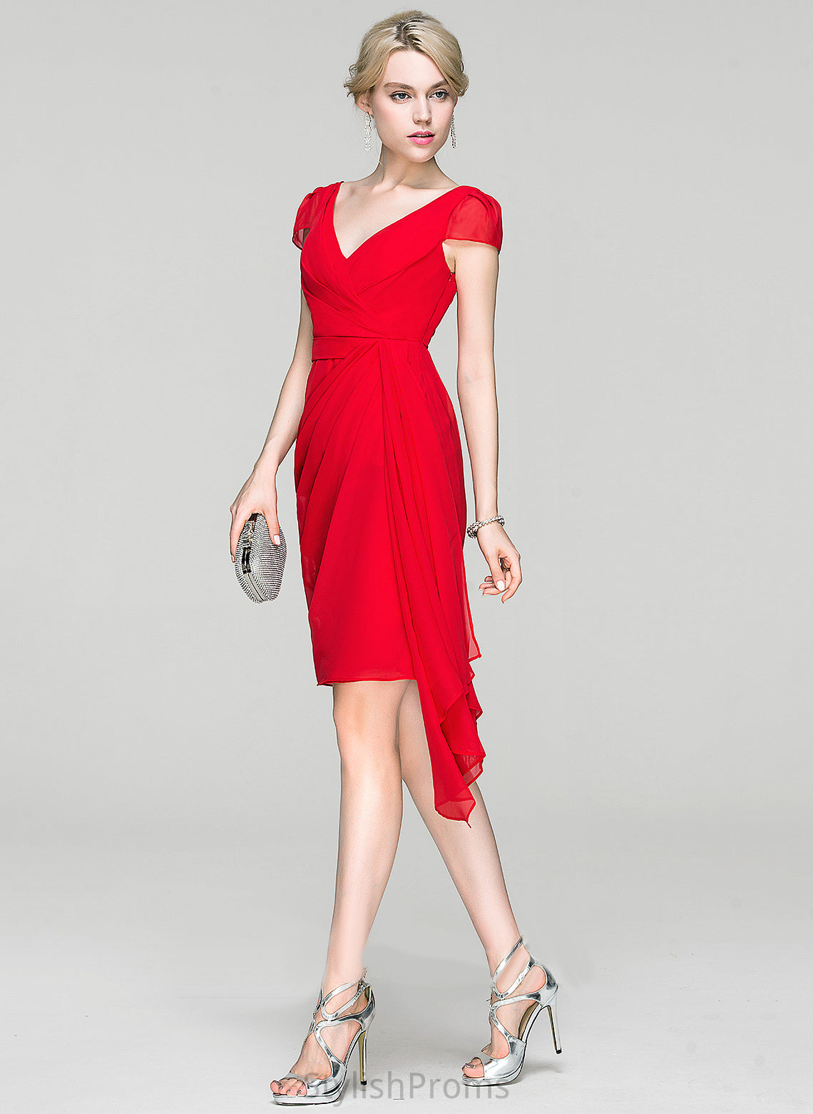 Scarlett Ruffle With Dress V-neck Sheath/Column Ruffles Cascading Knee-Length Cocktail Dresses Chiffon Cocktail