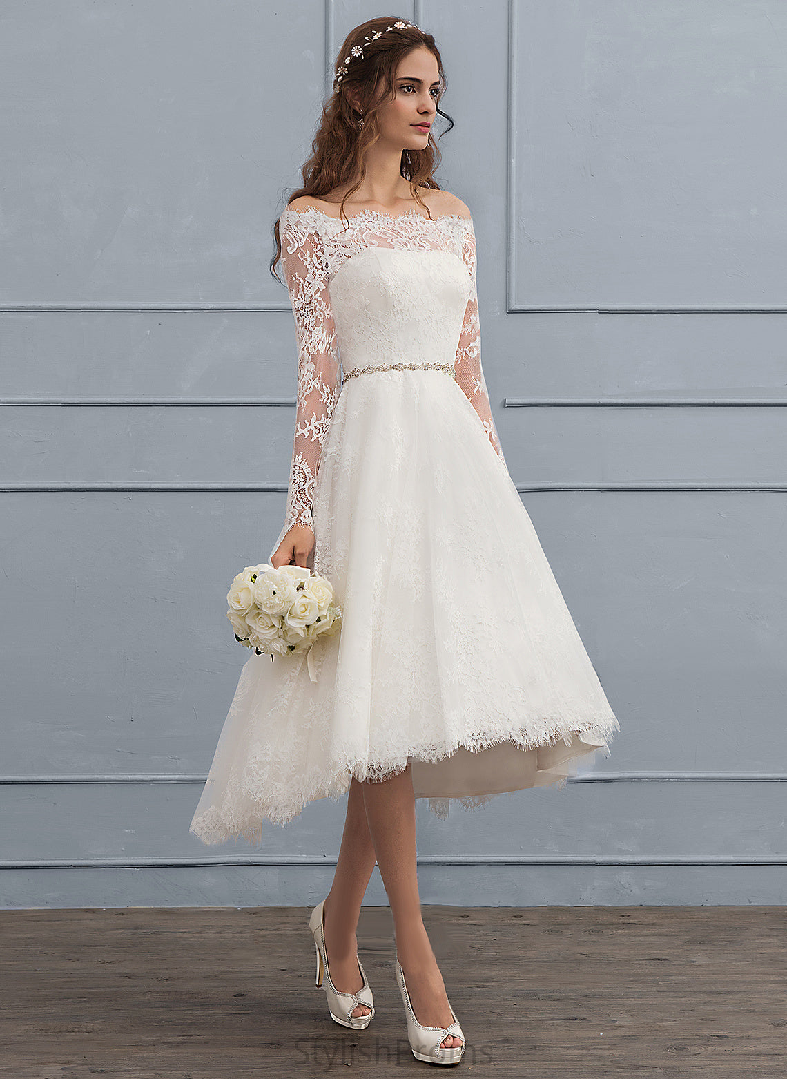 Off-the-Shoulder Asymmetrical Dress Lace A-Line Wedding Wedding Dresses Brielle With Beading