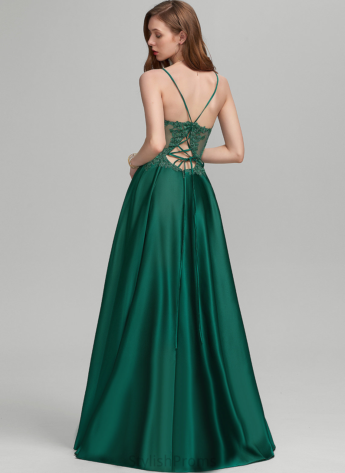 A-Line Floor-Length Prom Dresses Lace Satin V-neck Katelynn