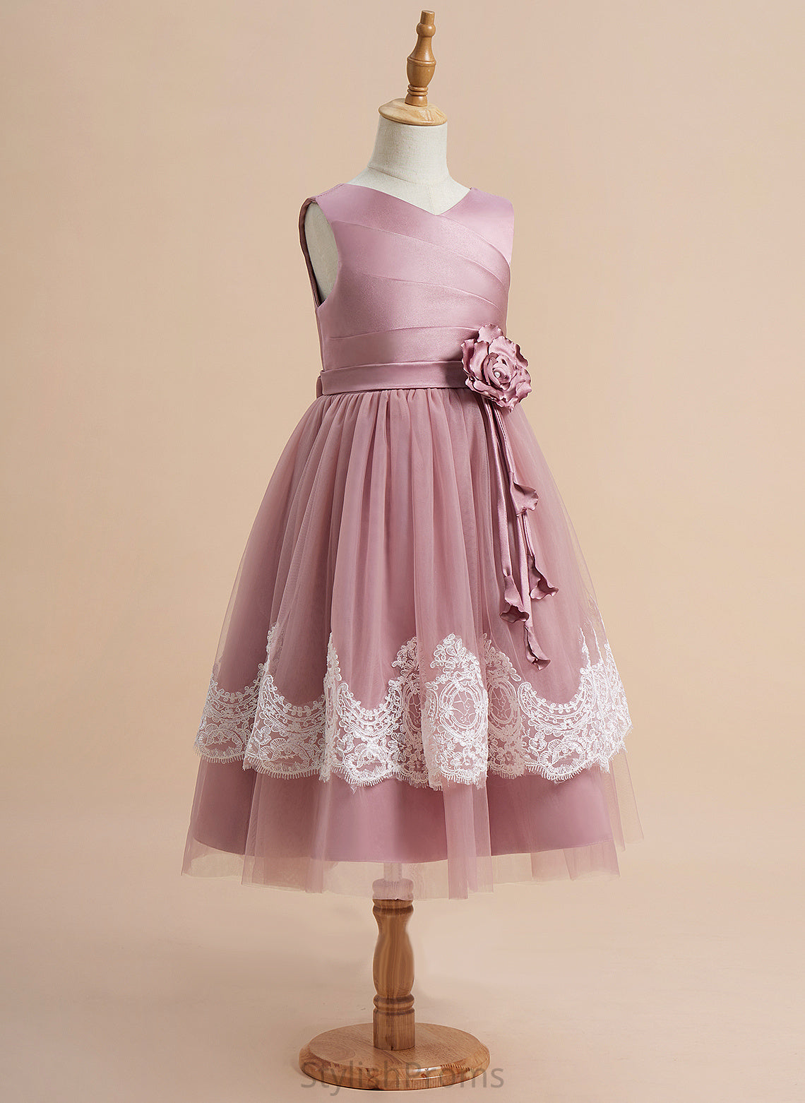 Sleeveless Girl Flower Girl Dresses Knee-length Dress Satin/Tulle With A-Line Back Lace/Flower(s)/Bow(s)/Pleated/V - V-neck Ximena Flower