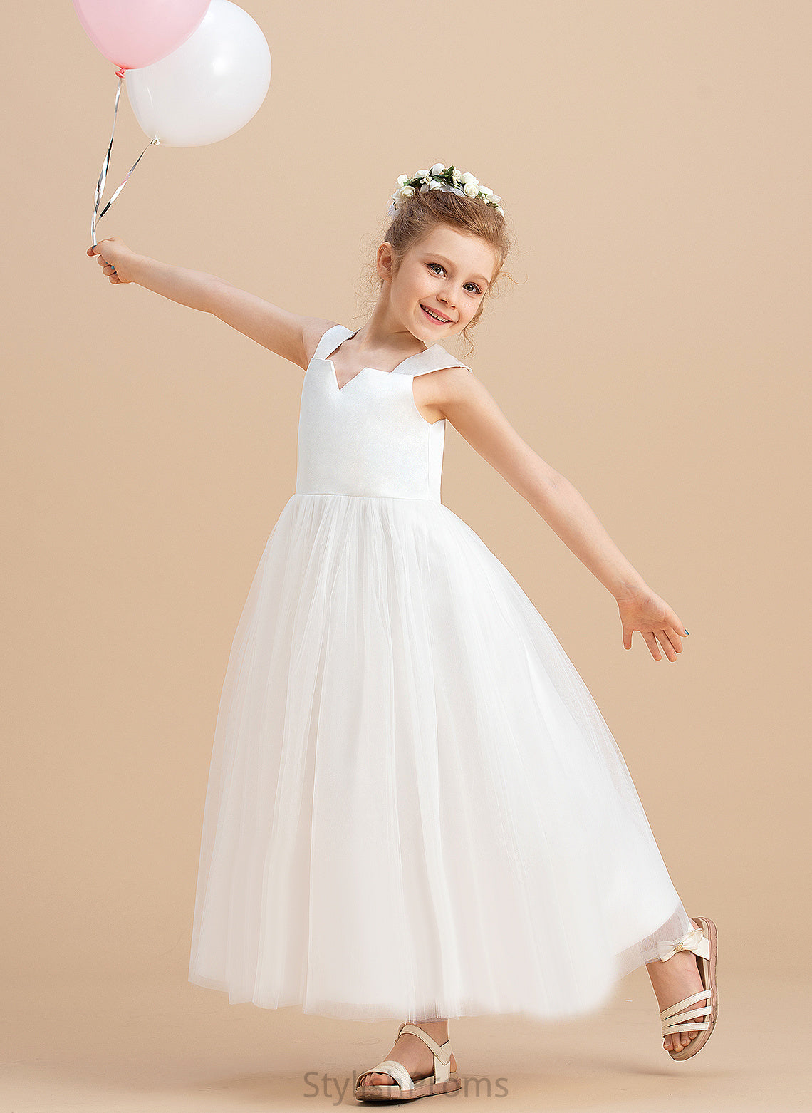 Flower Girl Dresses Miriam Square Ankle-length Gown Flower Satin/Tulle Neckline - Sleeveless Ball Girl Dress