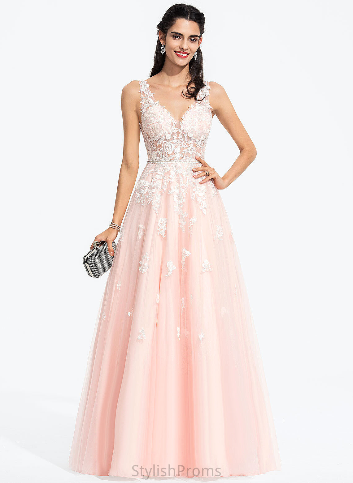 Prom Dresses Sequins Tulle V-neck With Abagail Ball-Gown/Princess Floor-Length Beading Lace