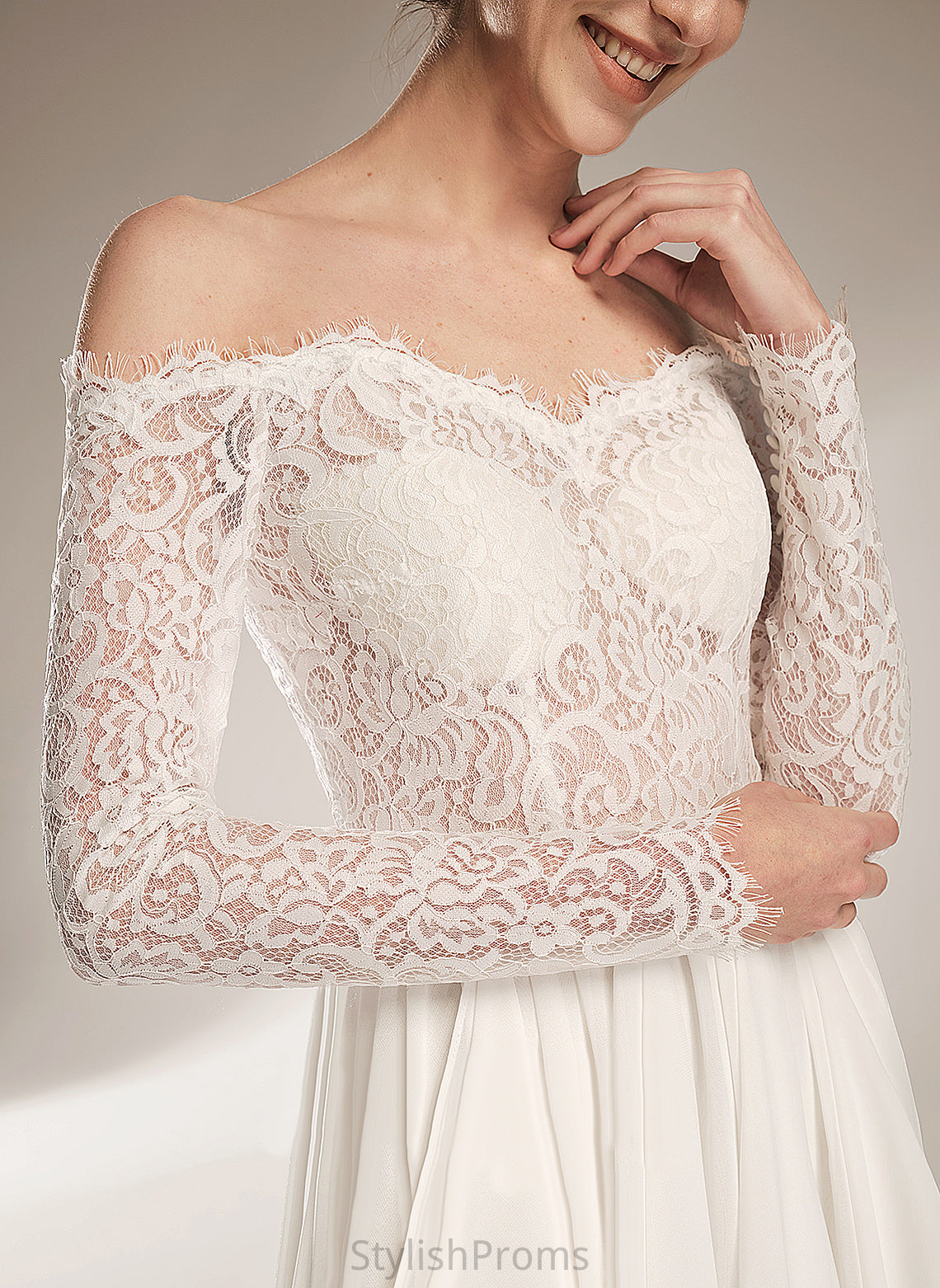 Ruffle Wedding Lace Court Off-the-Shoulder With Chiffon Train Wedding Dresses Madge Dress A-Line