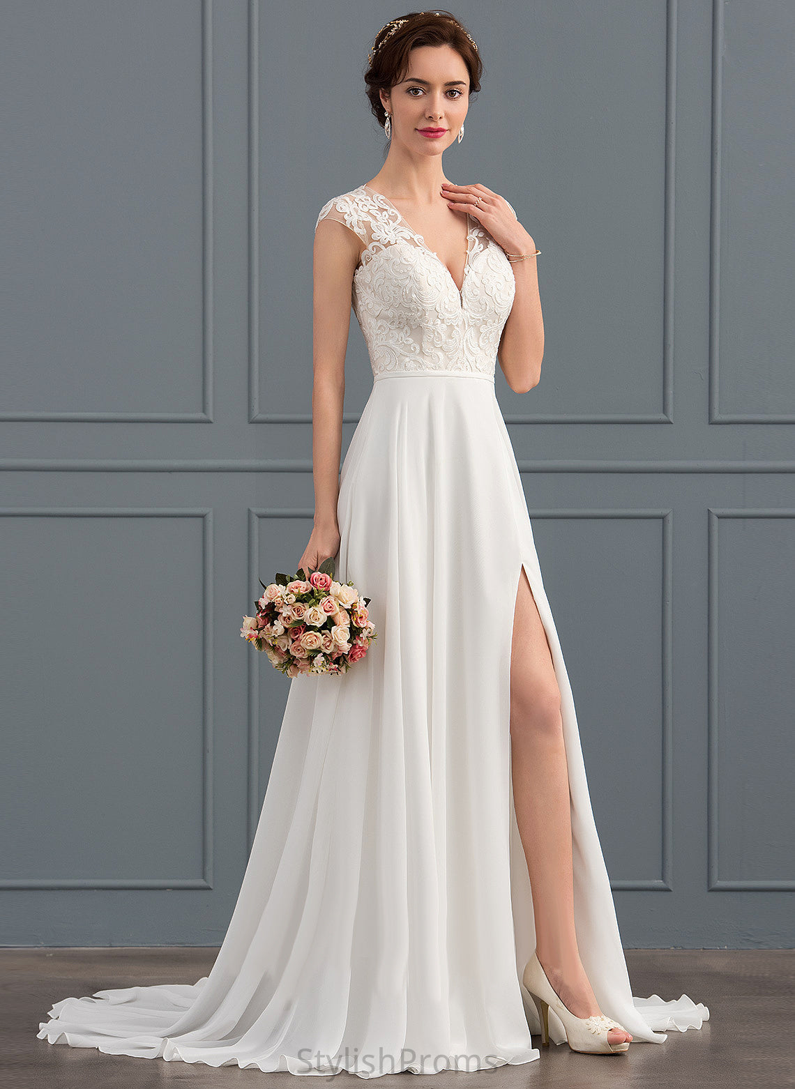 With V-neck Front Lace Dress A-Line Alexia Chiffon Wedding Wedding Dresses Split Train Sweep