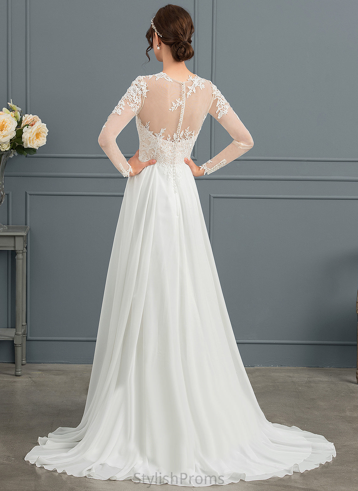 A-Line Illusion Tulle Sweep Chiffon With Train Wedding Dresses Dress Sharon Appliques Wedding Lace Split Front