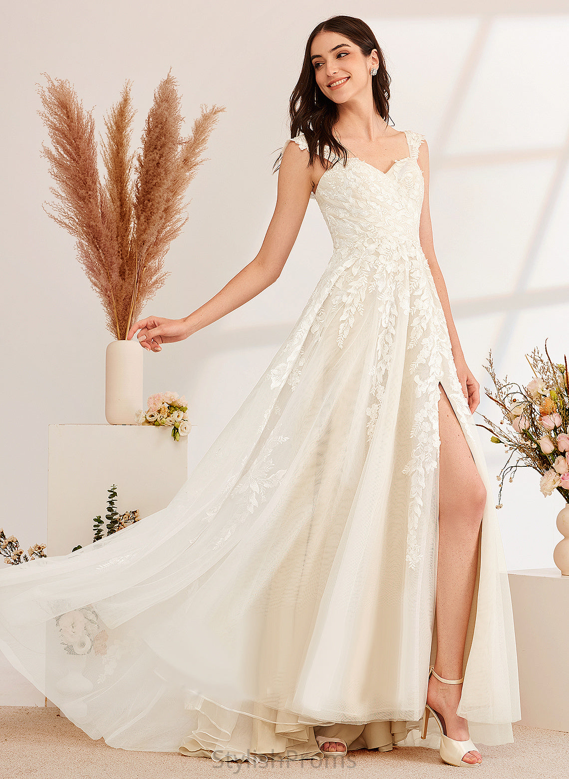 Wedding With Rylie Dress Sequins Lace Tulle A-Line Beading Sweep Train Off-the-Shoulder Wedding Dresses