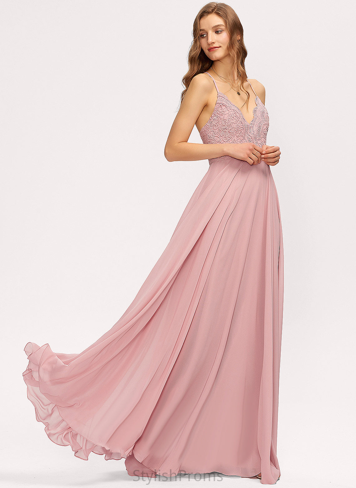 Lace Prom Dresses Chiffon Tina Floor-Length A-Line V-neck