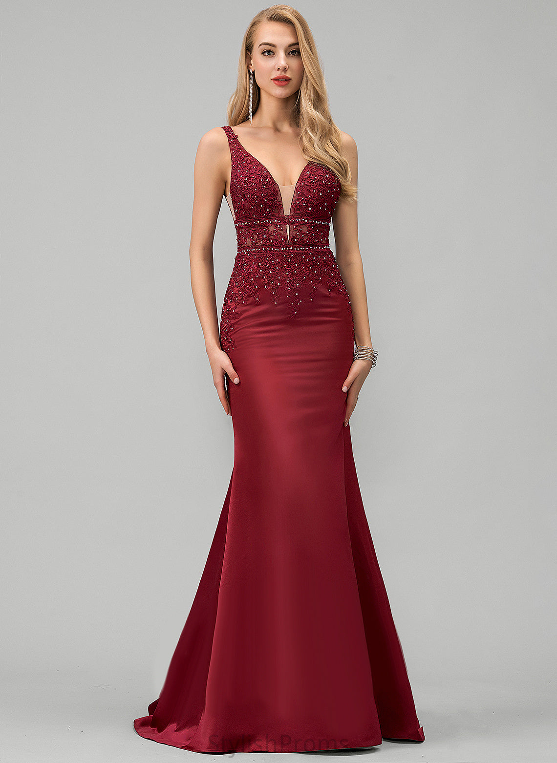 Sequins Beading Sweep Prom Dresses With Satin Katharine Trumpet/Mermaid V-neck Train