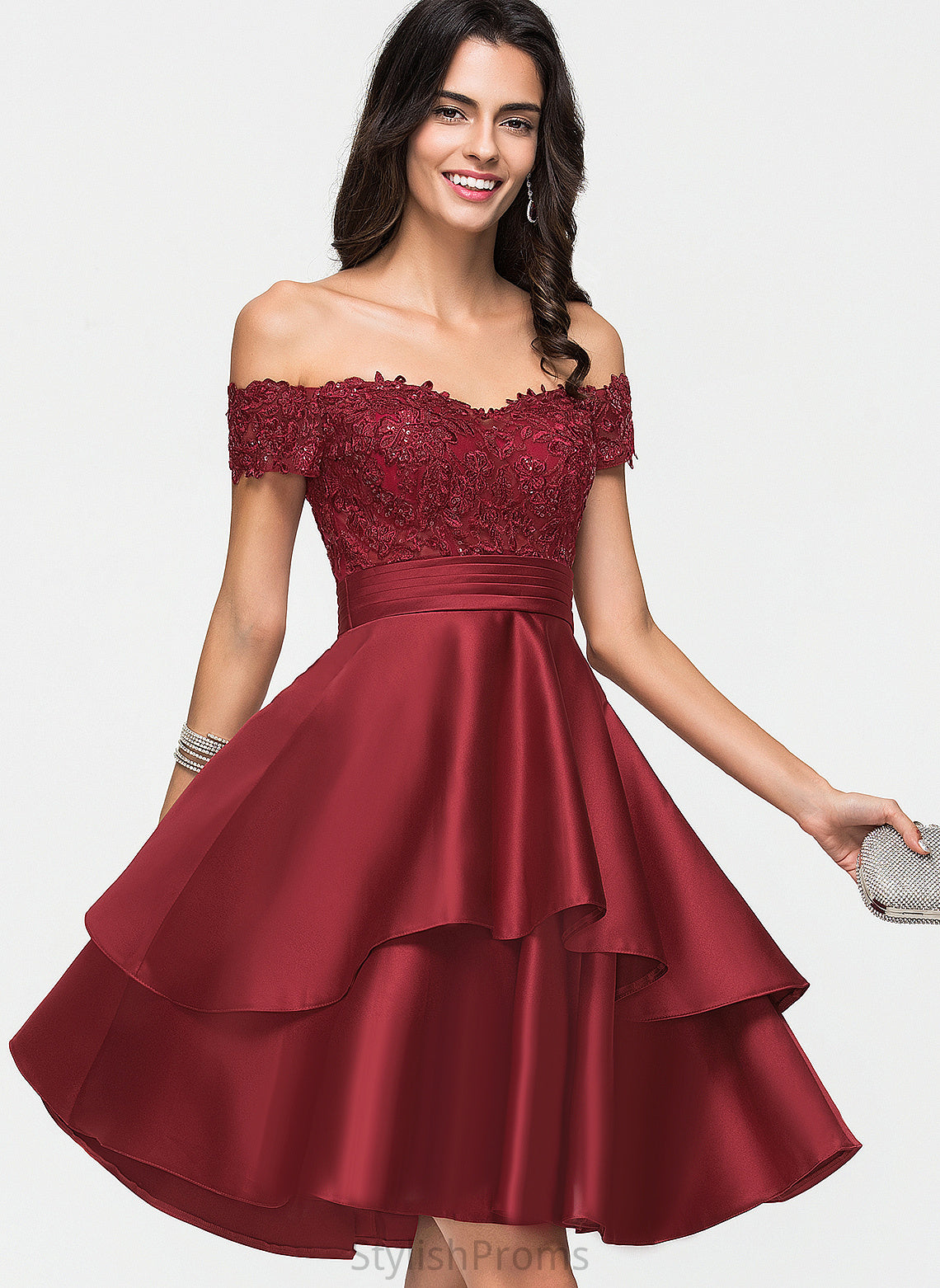 Cocktail Satin With Cocktail Dresses Knee-Length Lace A-Line Sequins Off-the-Shoulder Dress Maleah