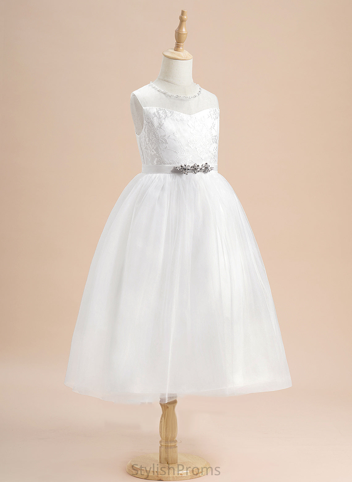 Flower Girl Dresses Sleeveless With Flower - Neck Tulle Heidi Scoop Beading Girl A-Line Dress Tea-length