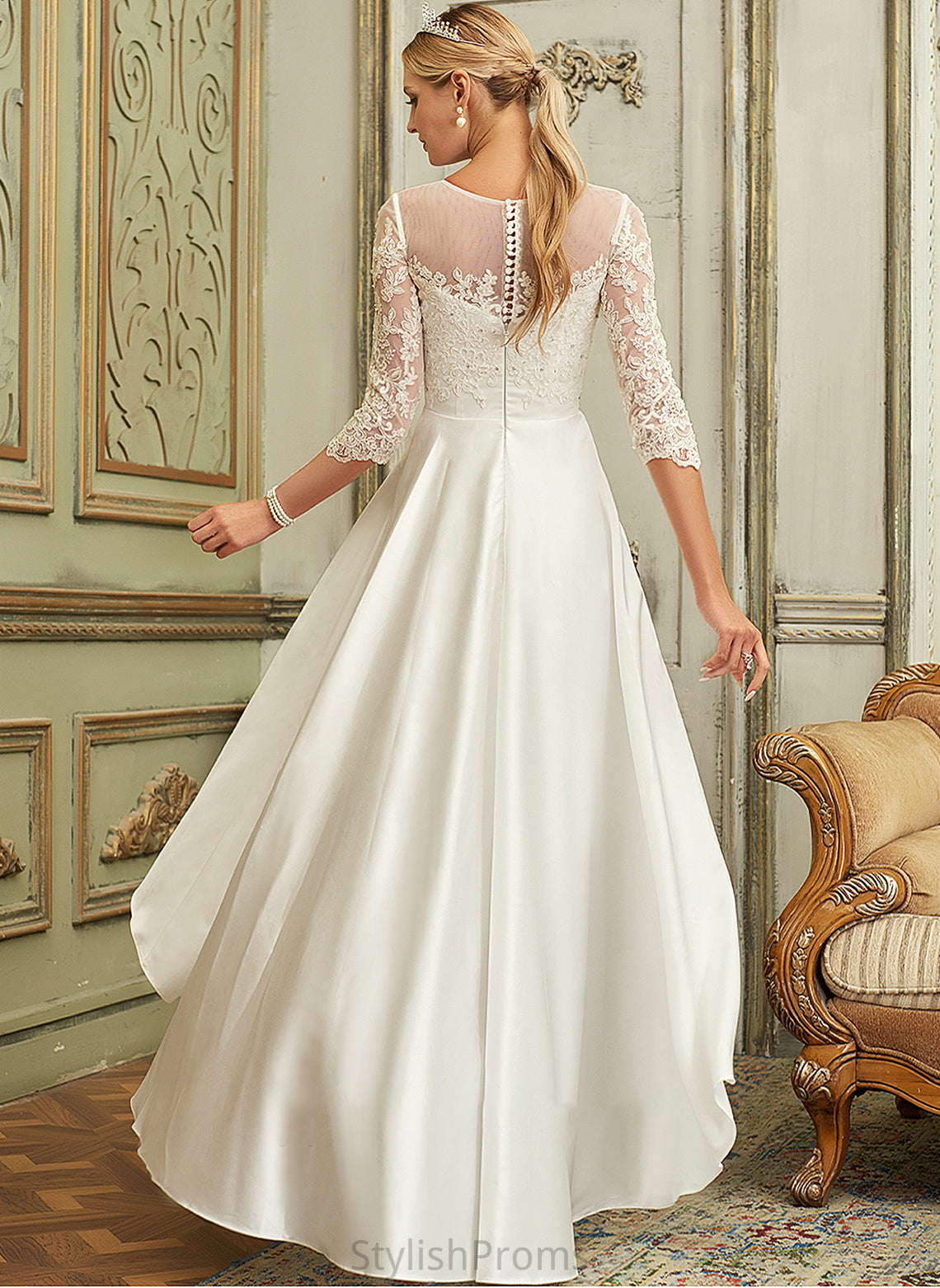 Estrella Wedding Lace Wedding Dresses Scoop Dress Neck Asymmetrical A-Line Satin