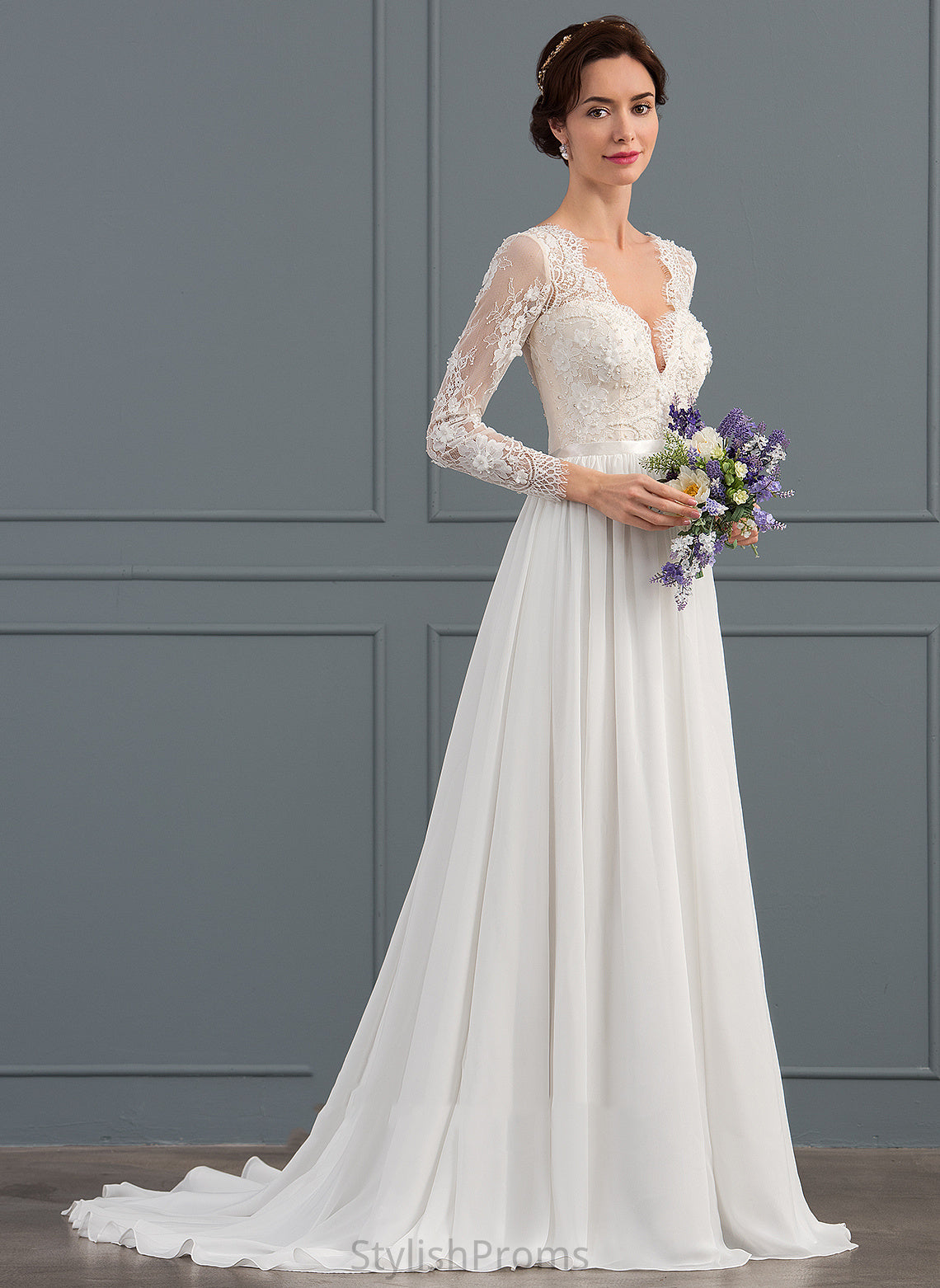 With Sweep Beading Dress A-Line Chiffon Wedding Dresses Train Lace Wedding Stella V-neck Sequins