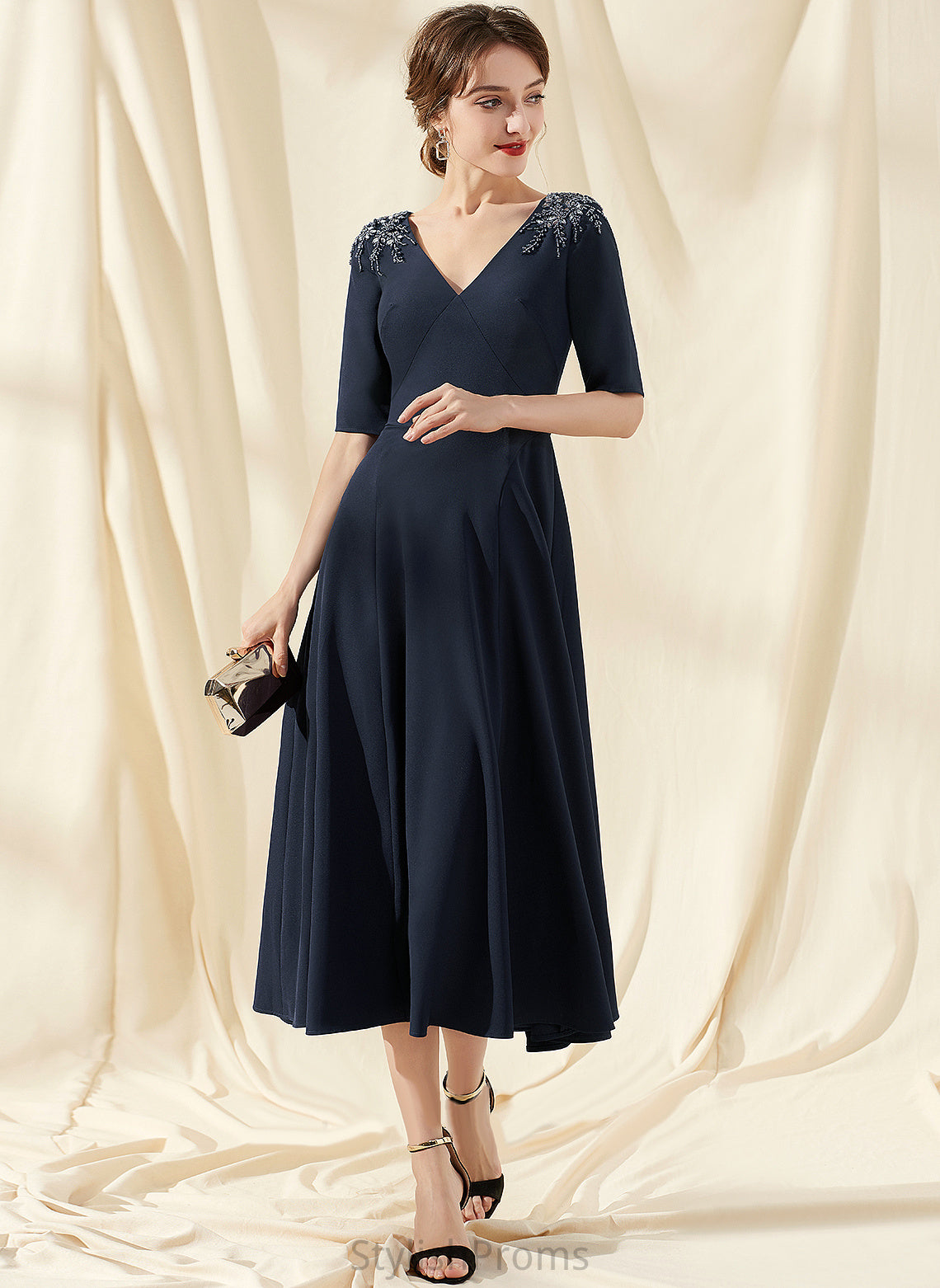 Cocktail Dresses Stretch Cocktail With Beading Crepe Tea-Length A-Line V-neck Elianna Dress