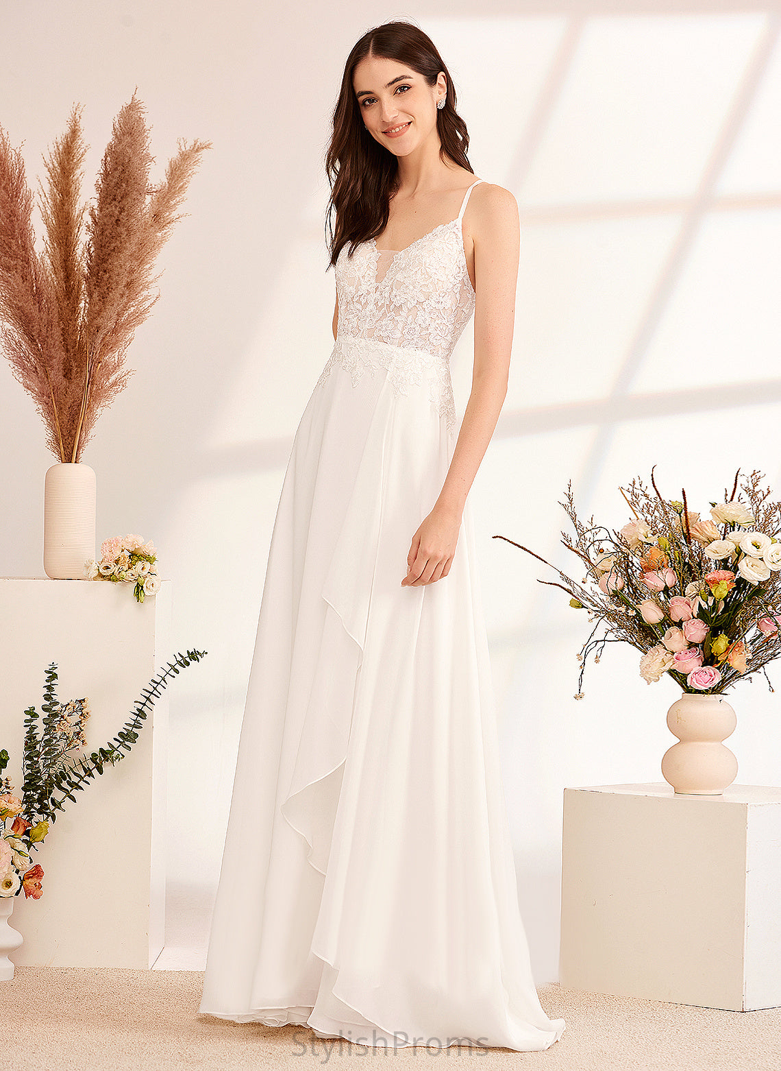 Lace Chiffon With Wedding Dress Haley A-Line Sequins V-neck Wedding Dresses Floor-Length