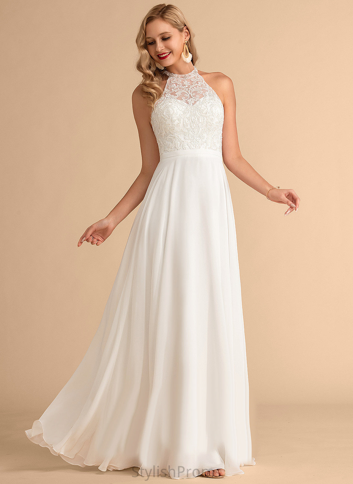 Wedding Dresses A-Line High Kit Floor-Length Neck Chiffon Lace Dress Wedding