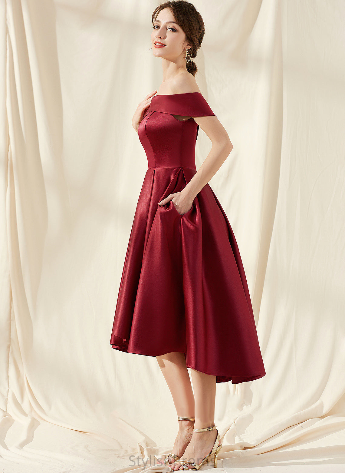 Off-the-Shoulder Asymmetrical Satin Dress Pockets Alaina Cocktail Dresses A-Line Cocktail With