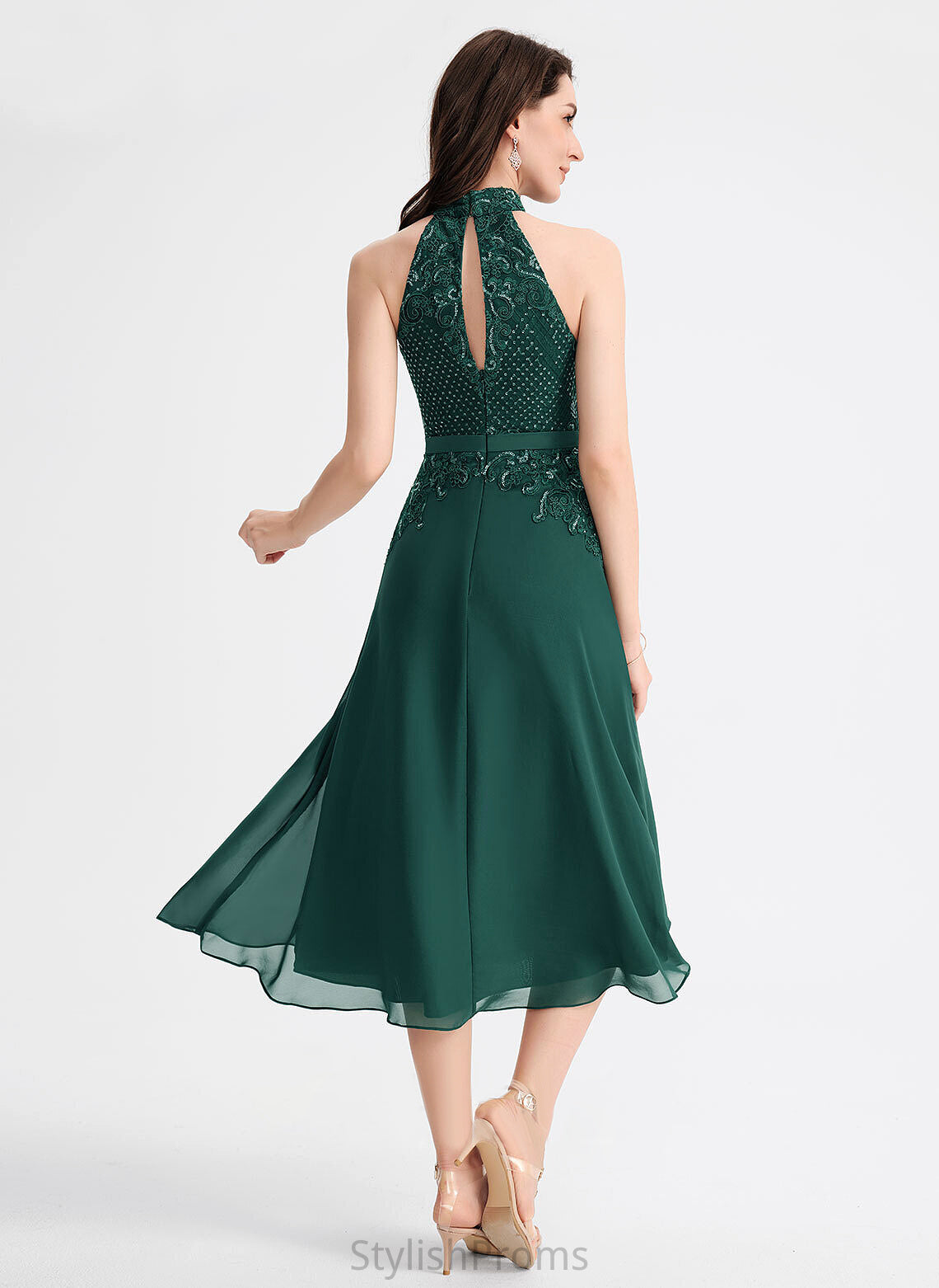 Dress Neck Sequins Cocktail Dresses With Chiffon A-Line Tea-Length Scoop Lace Itzel Cocktail