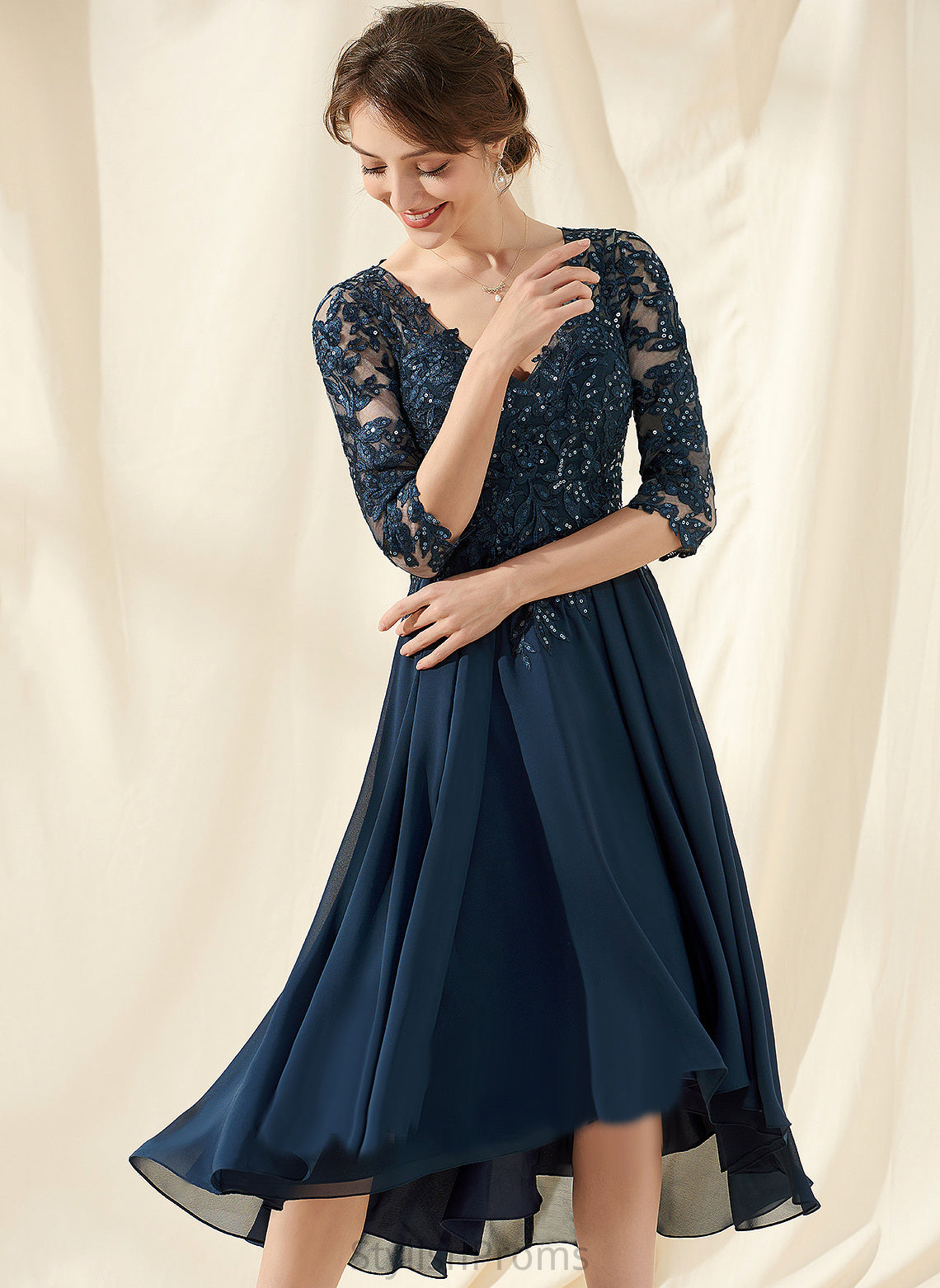 Sequins V-neck With Cocktail A-Line Dress Chiffon Lace Cocktail Dresses Tess Asymmetrical