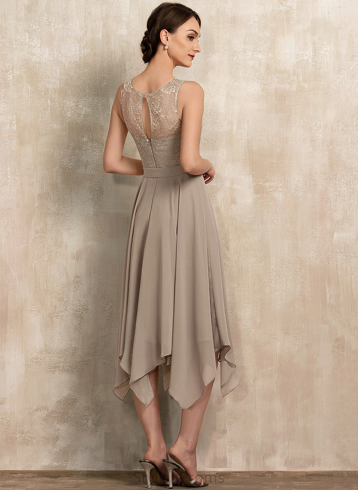 Chiffon Neck Asia Tea-Length Cocktail Dresses Bow(s) Scoop Dress Cocktail A-Line With Lace