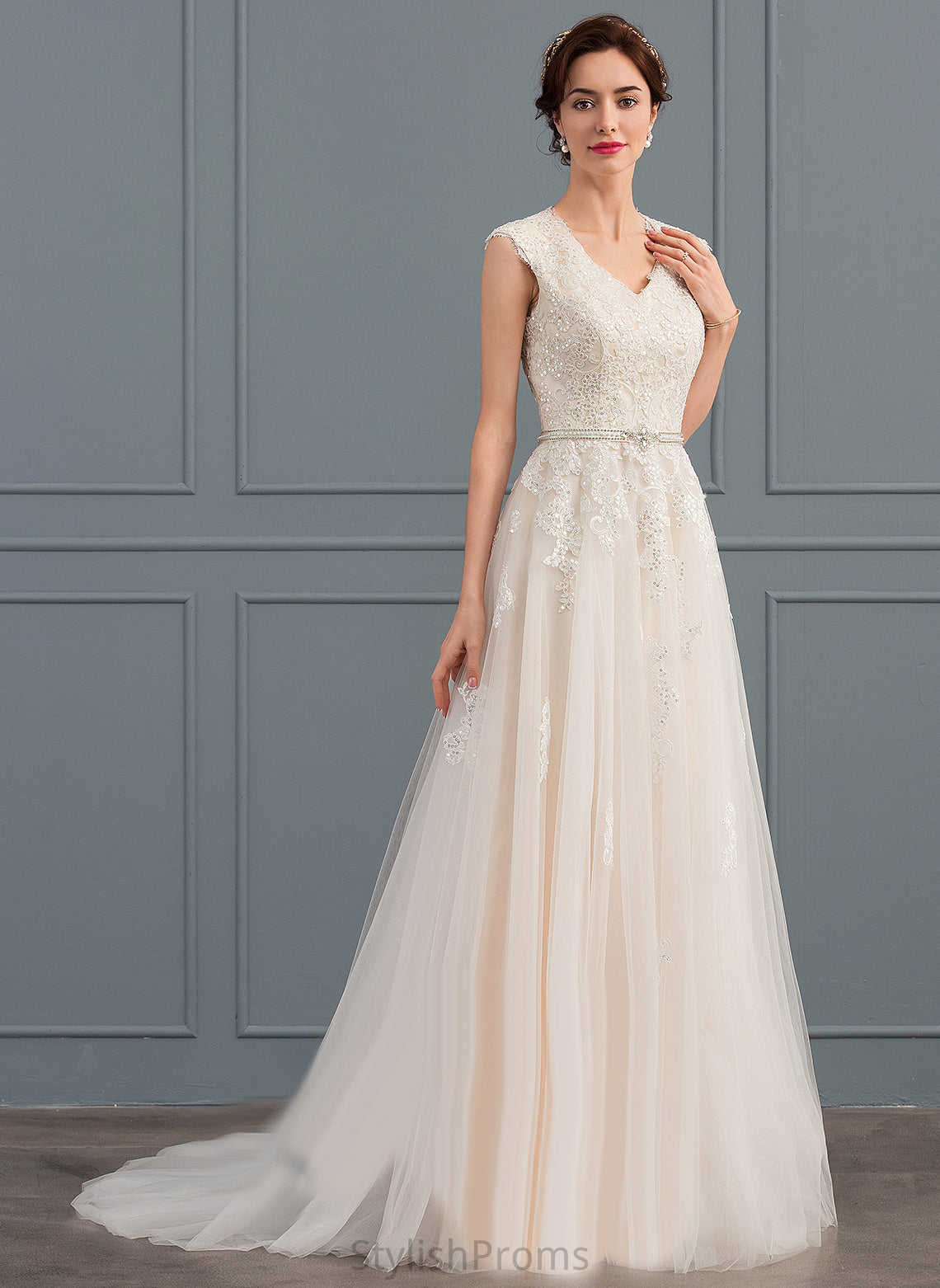 Tulle Dylan With Wedding Train Lace Sequins Wedding Dresses A-Line Dress V-neck Bow(s) Beading Sweep