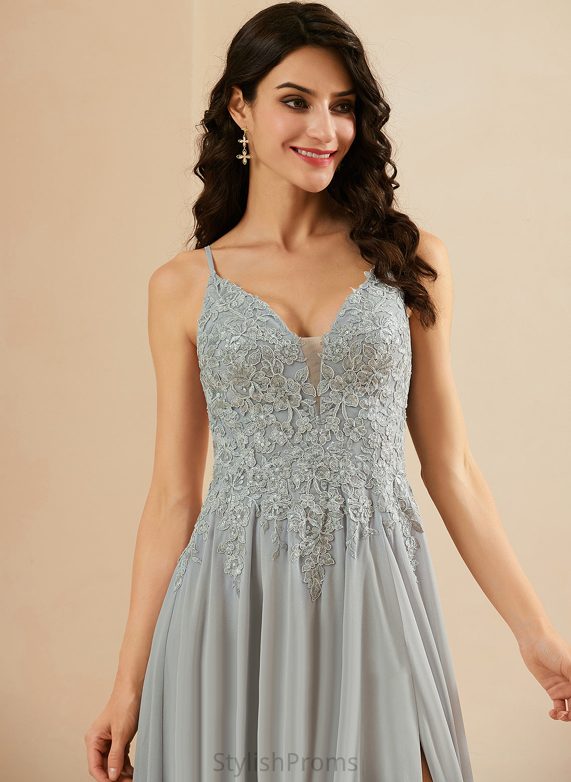 Lace Floor-Length Prom Dresses V-neck A-Line Kallie Sequins Chiffon With