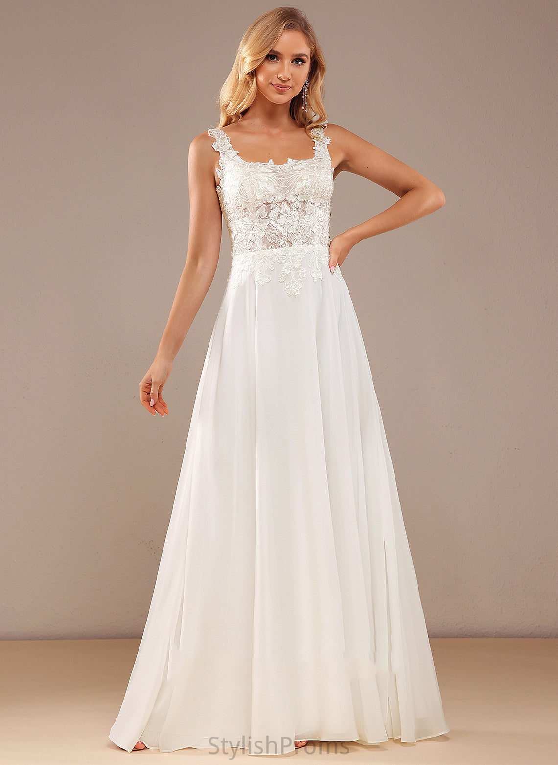 Chiffon Sequins With Neckline Lace Square Wedding Dresses A-Line Dress Floor-Length Lace Wedding Rylie