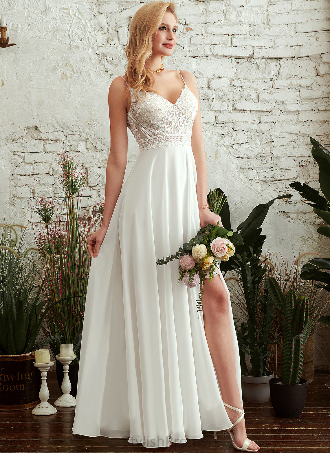 Floor-Length Paulina Chiffon A-Line Wedding Wedding Dresses V-neck Lace Dress