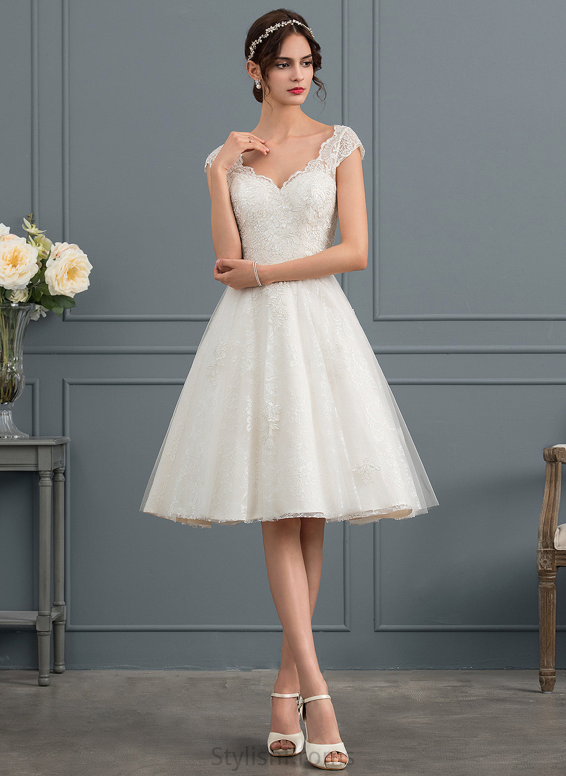 Wedding Dress Lace Knee-Length A-Line Tulle Wedding Dresses Ashtyn V-neck